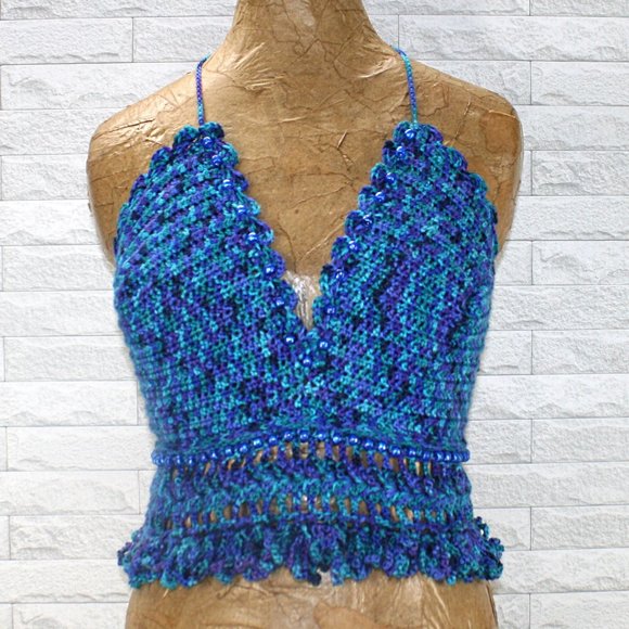 Hand Crafted Tops - HAND CRAFTED Crop Top Crochet Halter Bikini Beaded Festival Blue Fringe Marled